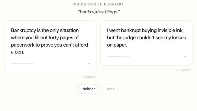 Two jokes side by side with a which-one-is-funnier prompt